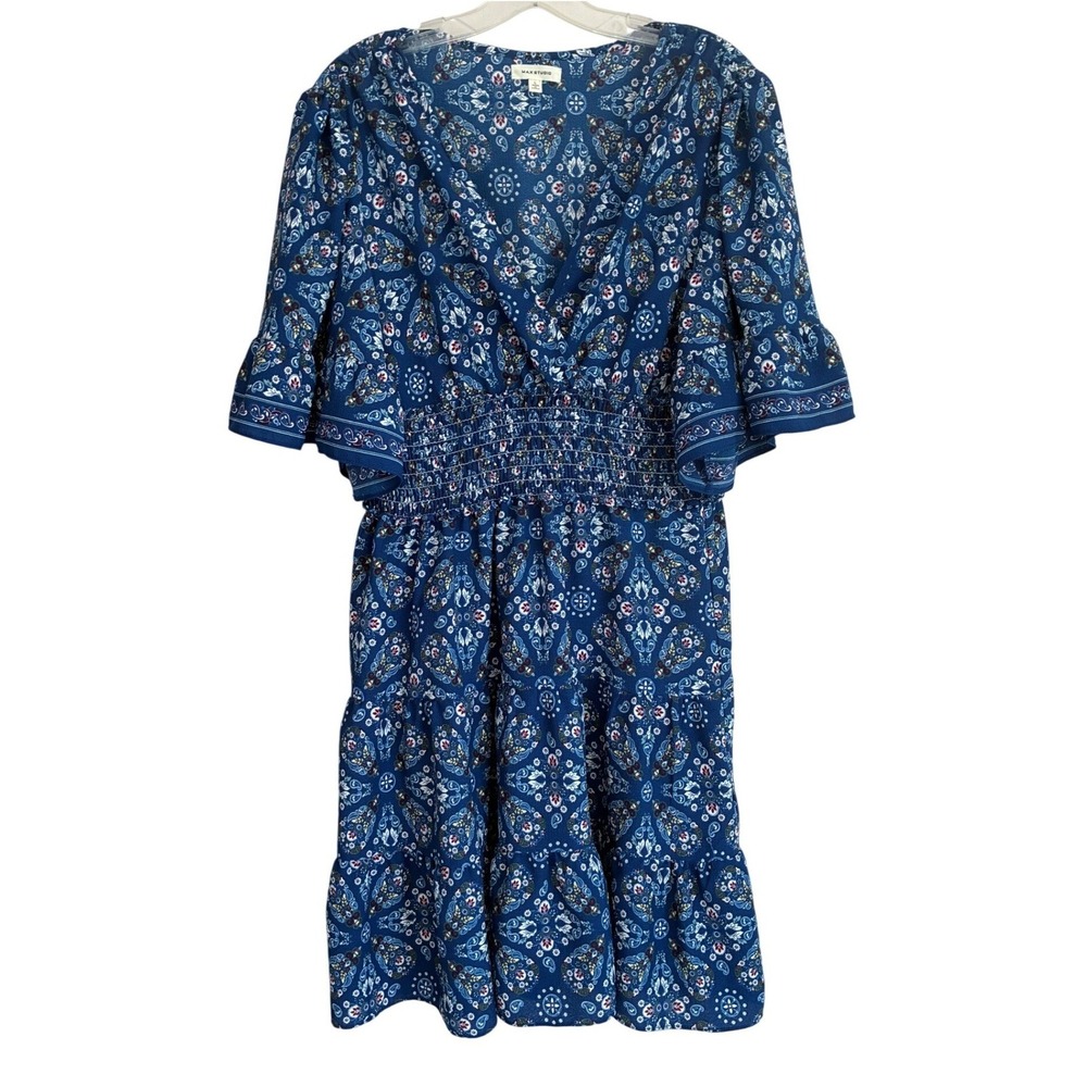 Max Studio Blue Paisley Smocked Tiered Mini Dress Flutter Sleeve Womens L